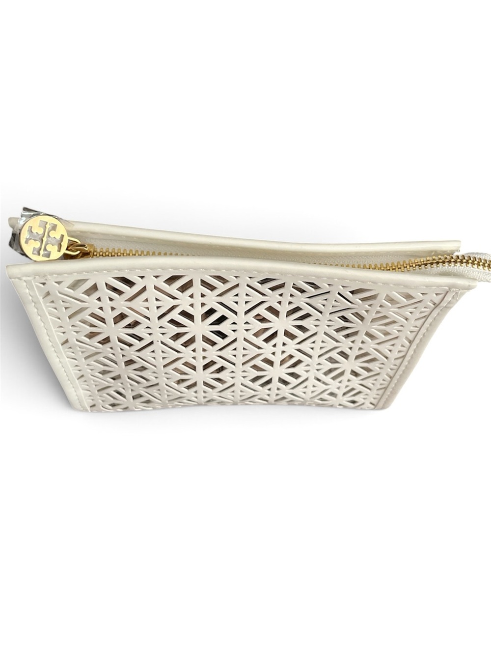 Tory Burch Ivory Laser-Cut Leather Makeup Pouch